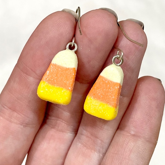 Halloween Candy Corn Sugar Gummy Earrings Glittery Kawaii Food Jewelry - Picture 5 of 5